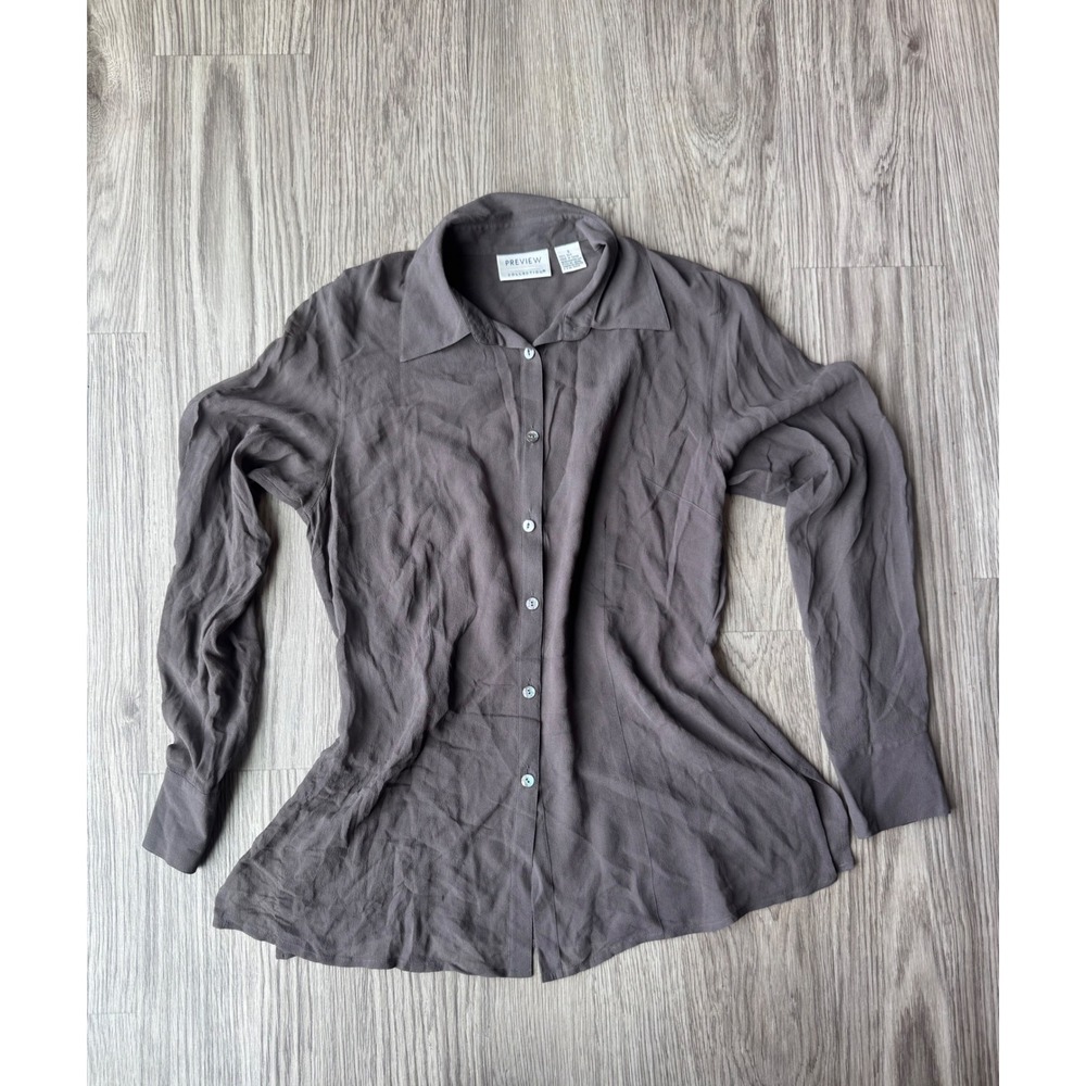 Preview Collection Women Charcoal Gray 100% Silk Button Down Blouse Size S